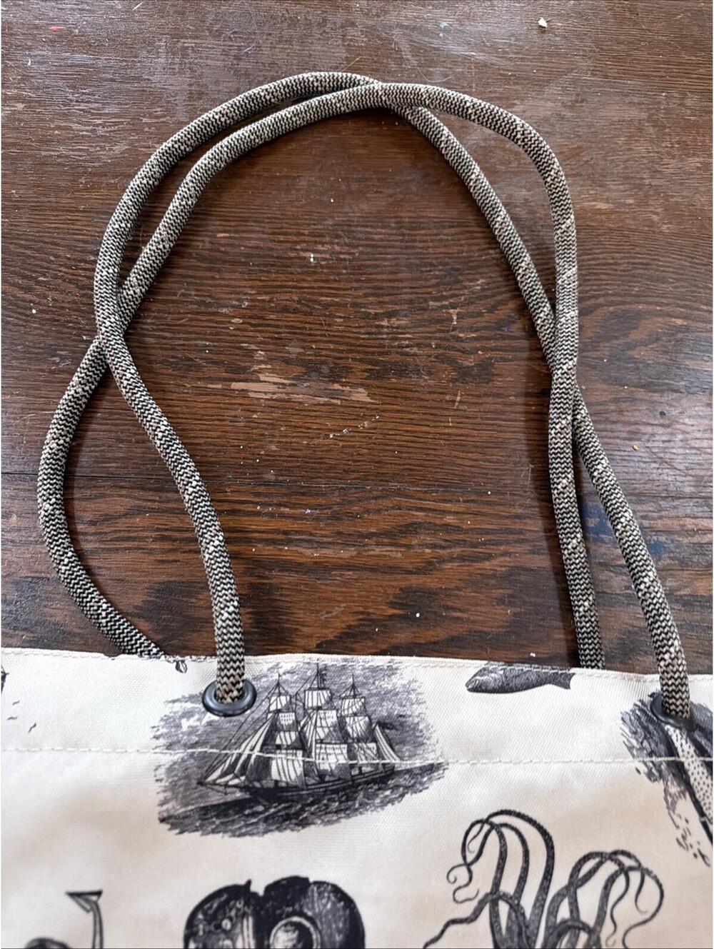 Kavu Rope Market Bag Black & Beige Mixed Print Nautical Ships Octopus Sun - Picture 7 of 11